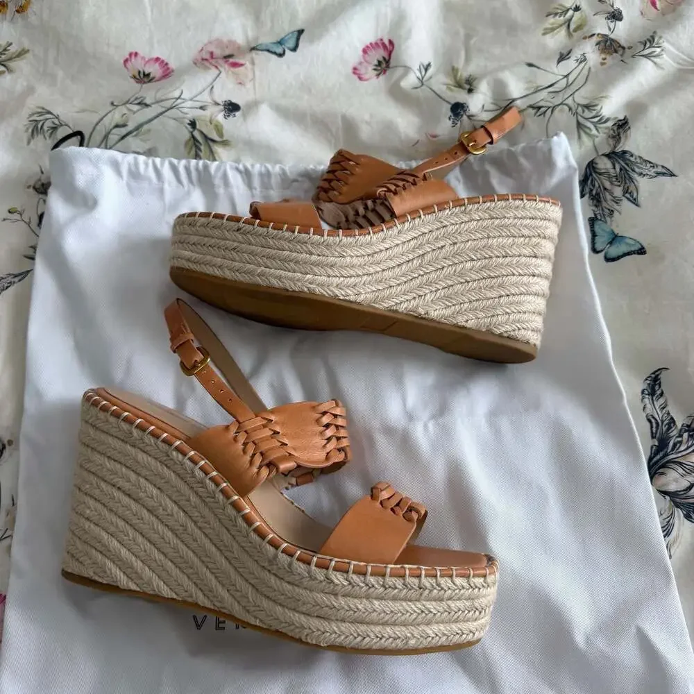 Veronica Beard Cognac Woven Leather Espadrille Wedges